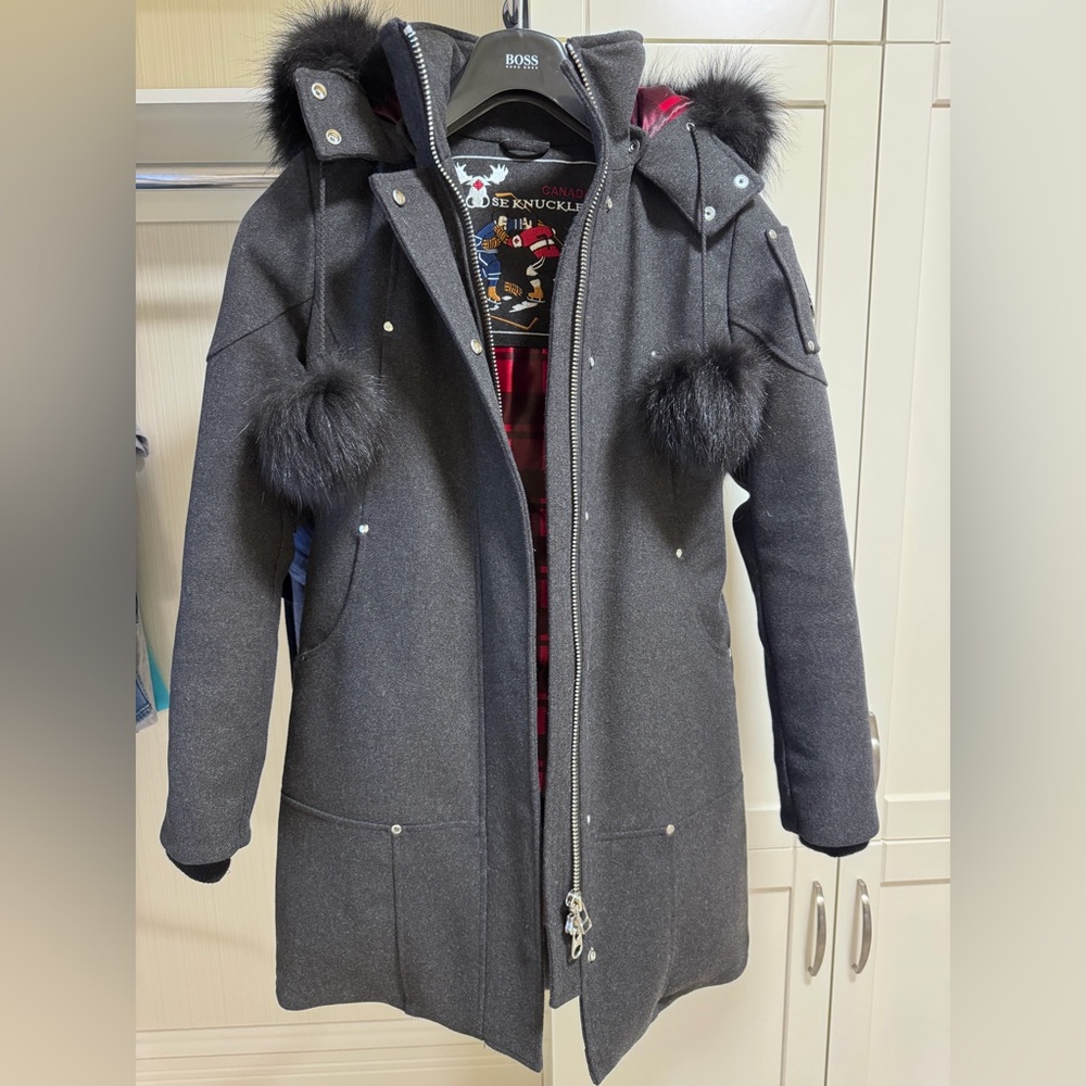 ❗️Special Edition❗️Moose Knuckles Charcoal Long Puffer Coat with Fur Pom Accents